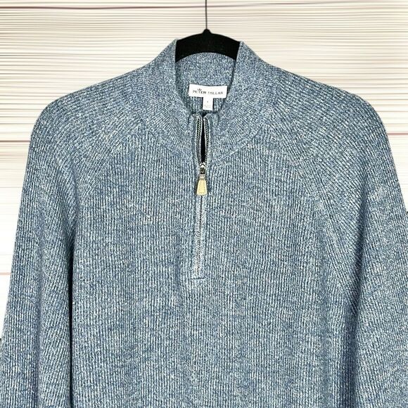 Peter Millar Crown Cashmere Linen Blend Sweater 1/4 Zip Rib Knit Blue size L - Picture 4 of 14
